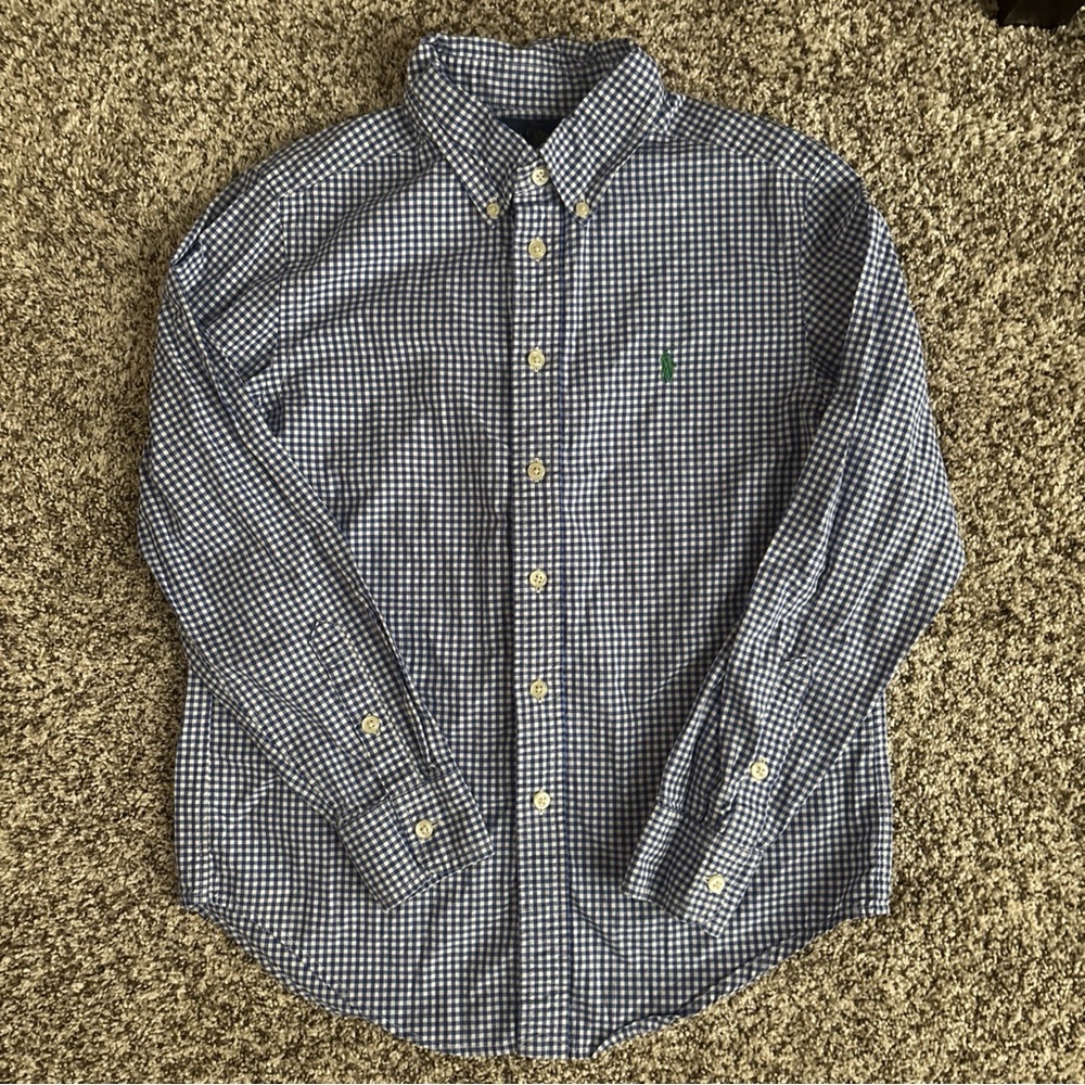 Ralph Lauren Boys Button Down Shirt M (10-12) Blue Gingham Long Sleeve Pony Logo